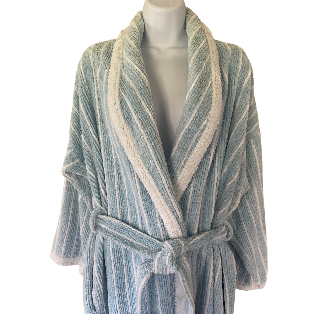 Vintage Victoria's Secret Gold Label Terry Cloth Robe Blue White Stripe Small - Picture 2 of 7